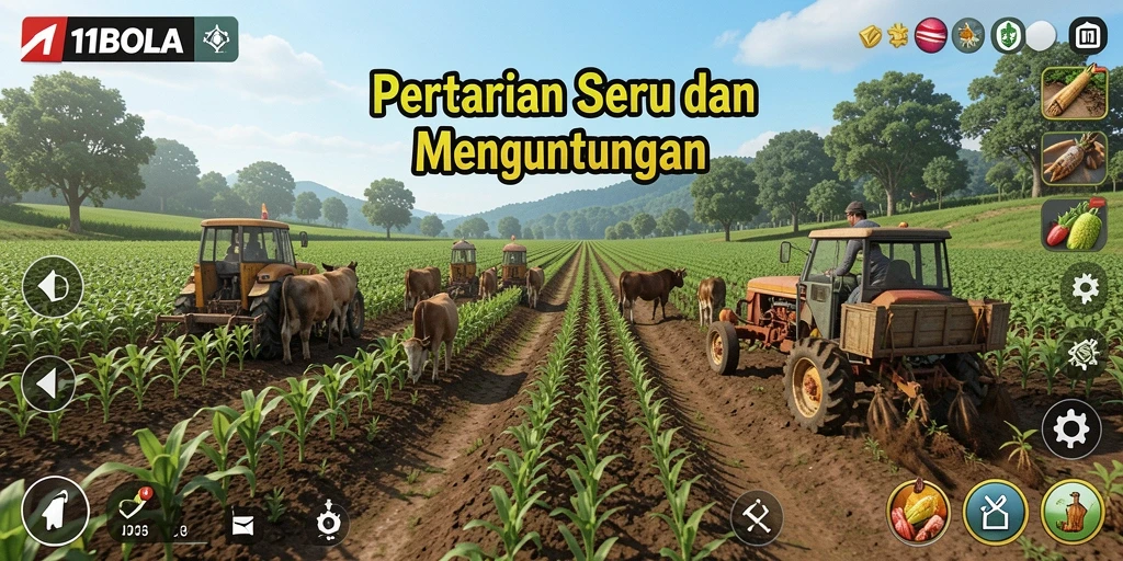 Tangkapan layar gameplay 11BOLA dengan aktivitas bertani yang seru.