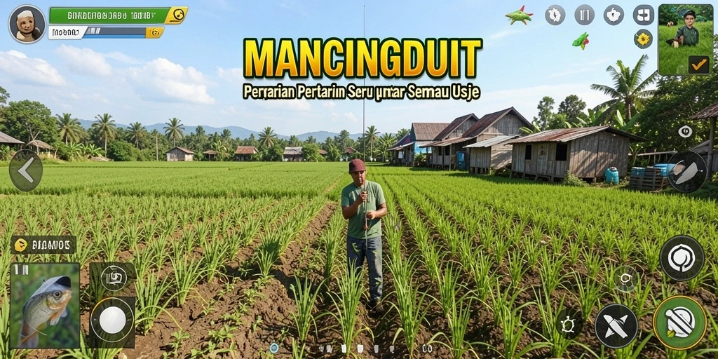Tangkapan layar gameplay MANCINGDUIT dengan aktivitas pertanian dan memancing.