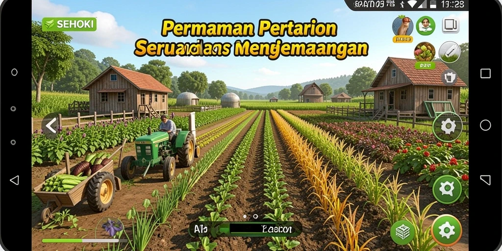 Tangkapan layar utama SEHOKI menunjukkan pengalaman pertanian yang menarik dan interaktif.
