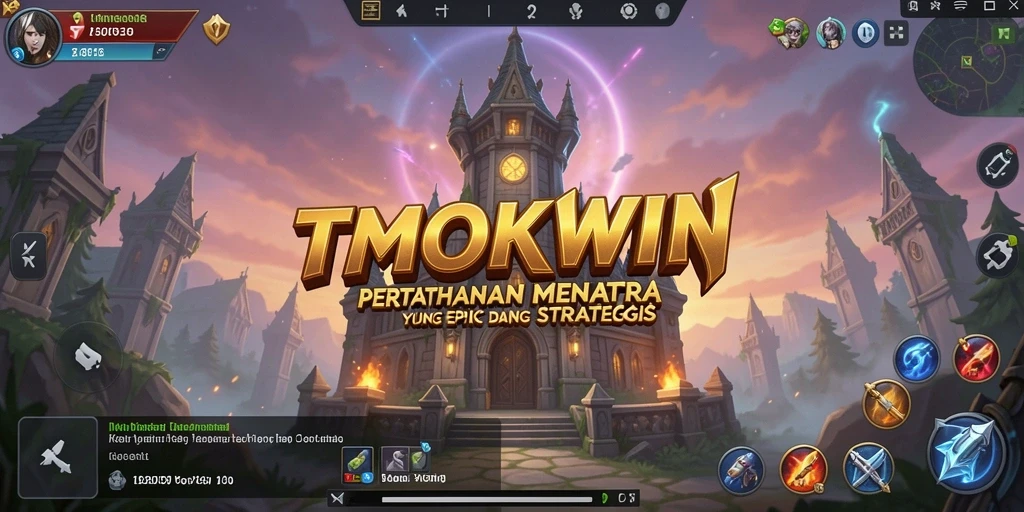 Screenshot gameplay TMOKWIN menampilkan aksi pertahanan menara yang intens.